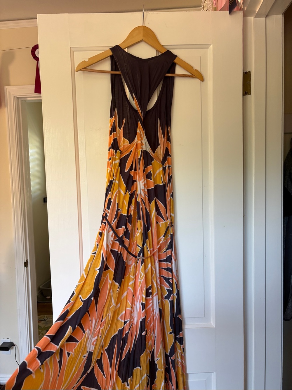 Grey Floral Maxi Dress with Orange and Yellow Accents